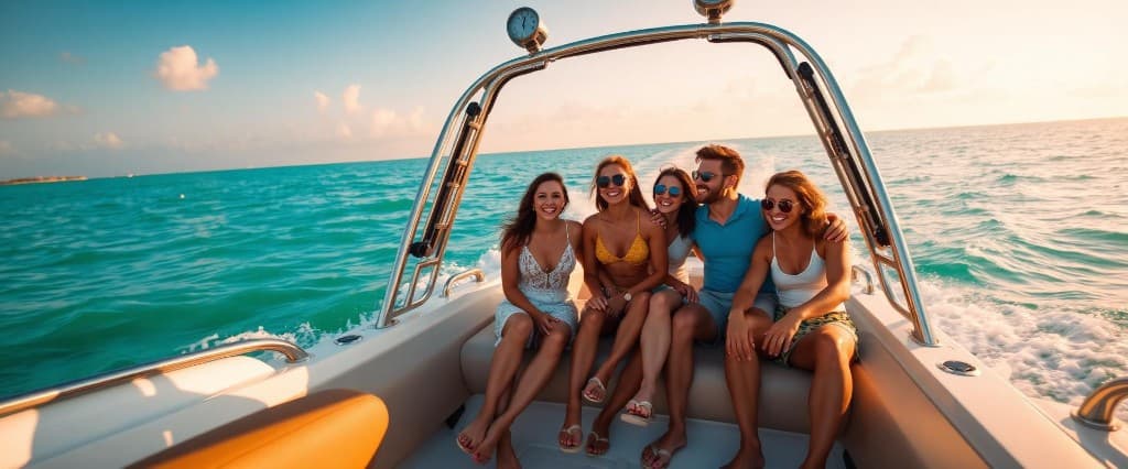 Wake club crew hanging off the back of the boat on a turquoise day