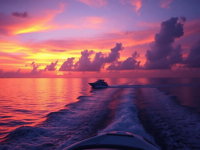 Pink and purple Miami sunset behind a wake boat cruising home