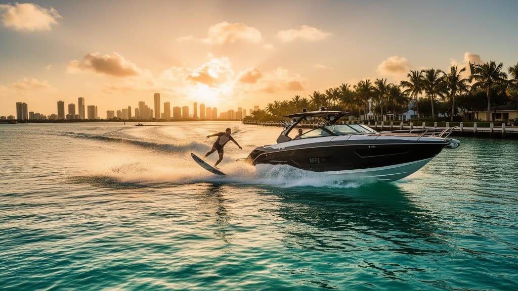 Wakesurfer carving a clean wave behind a boat at sunset with the Miami skyline behind